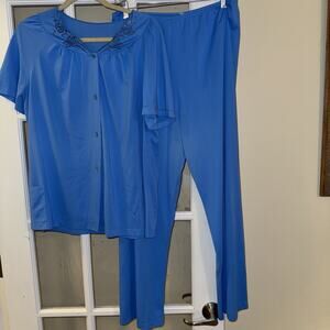 Vintage Shadowline Blue PJ Set Short Sleeve Top & Pants Nylon Lace Sz Small 38